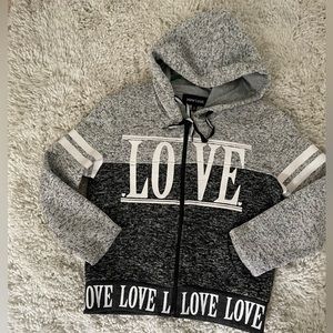 New Look LOVE Hoodie black and white tweed zip up love sweatshirt, size Lg